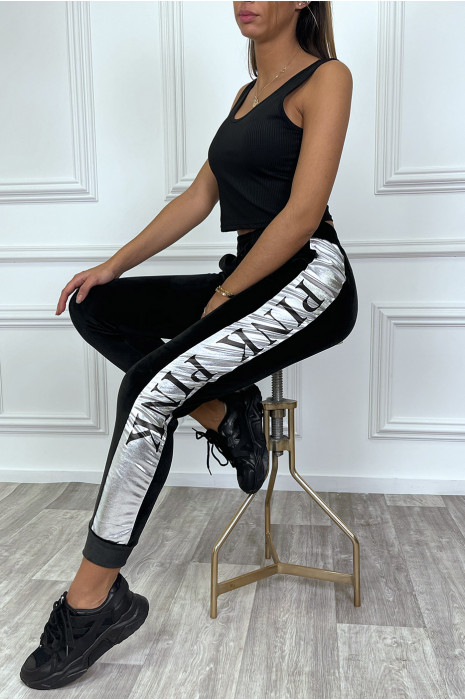 Black peach skin joggers with silver stripe - 10