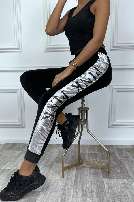 Black peach skin joggers with silver stripe - 12