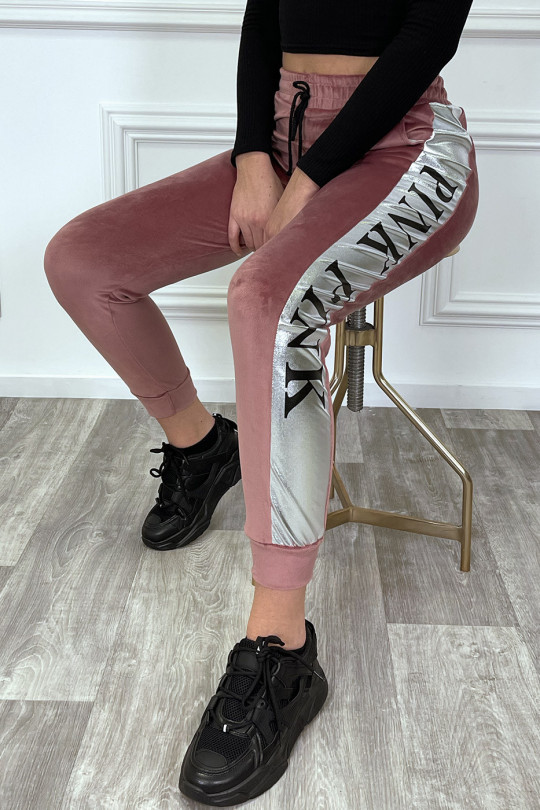 Pink peach skin joggers with silver band - 2