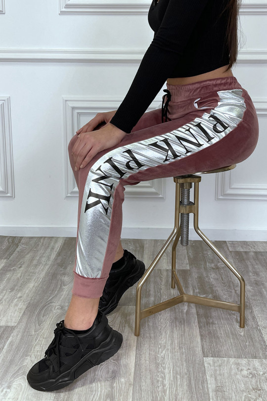 Pink peach skin joggers with silver band - 3