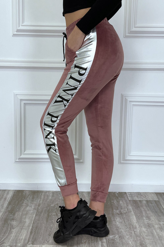 Pink peach skin joggers with silver band - 5
