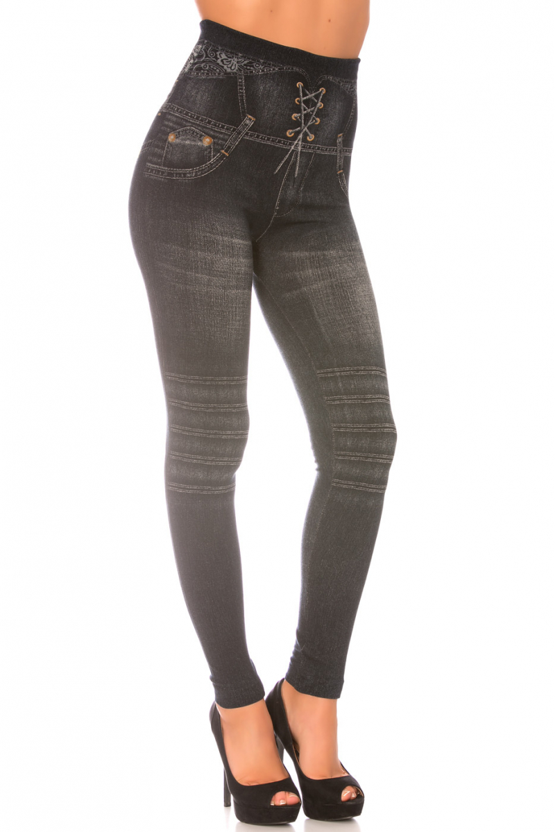 Leggings minceur noir style jeans taille haute et effet lien croisé. Effet Push-Up - 7