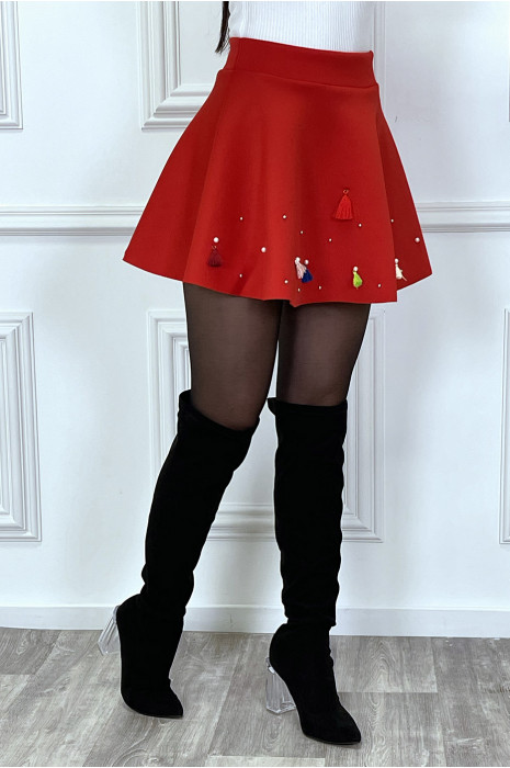 Jupe rouge courte patineuse évasée à perles et froufrou