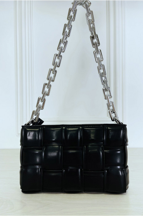Sac à main noir rigide effet damier à chaîne argentée - 1