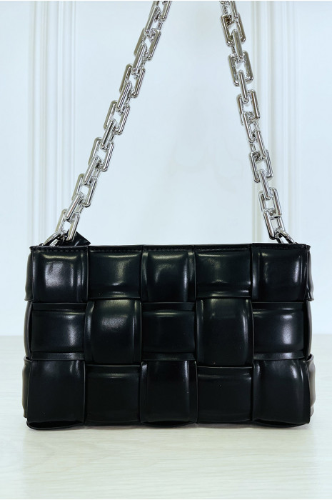 Sac à main noir rigide effet damier à chaîne argentée - 2