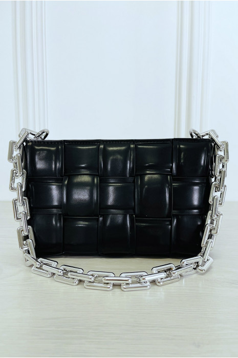 Sac à main noir rigide effet damier à chaîne argentée - 3