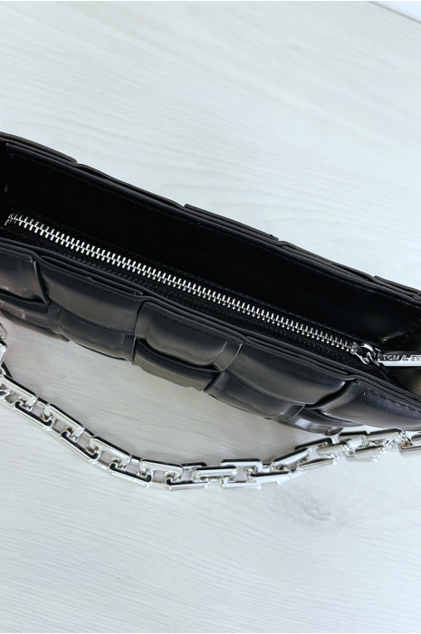 Sac à main noir rigide effet damier à chaîne argentée - 4