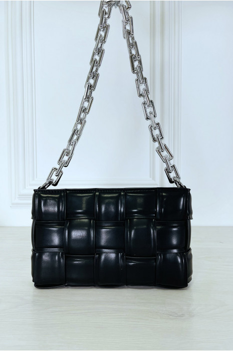 Sac à main noir rigide effet damier à chaîne argentée - 5