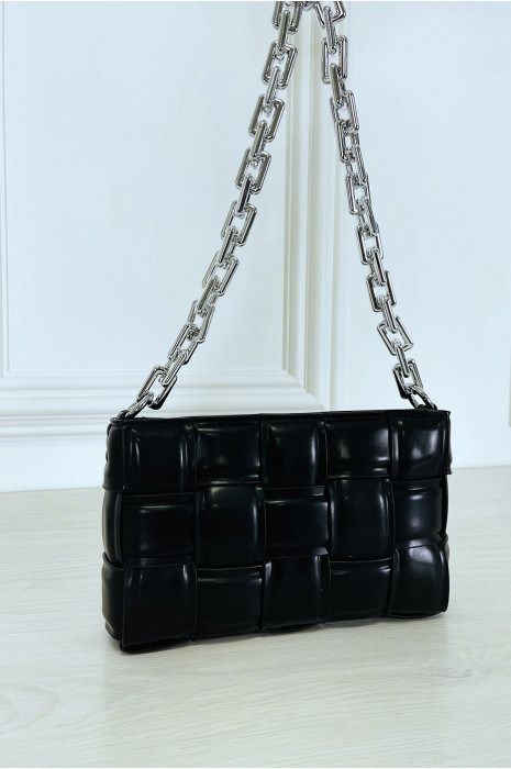 Sac à main noir rigide effet damier à chaîne argentée - 7
