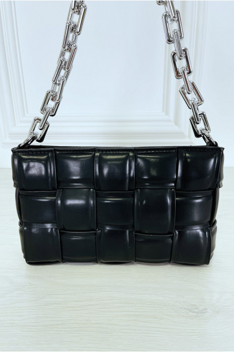 Sac à main noir rigide effet damier à chaîne argentée - 8