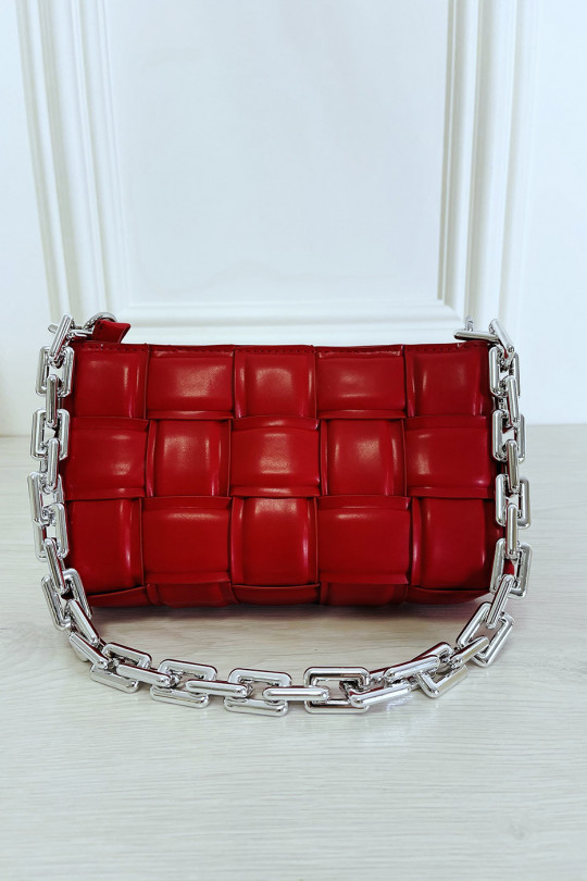 Rode handtas met stijf geruit effect met zilveren ketting - 1