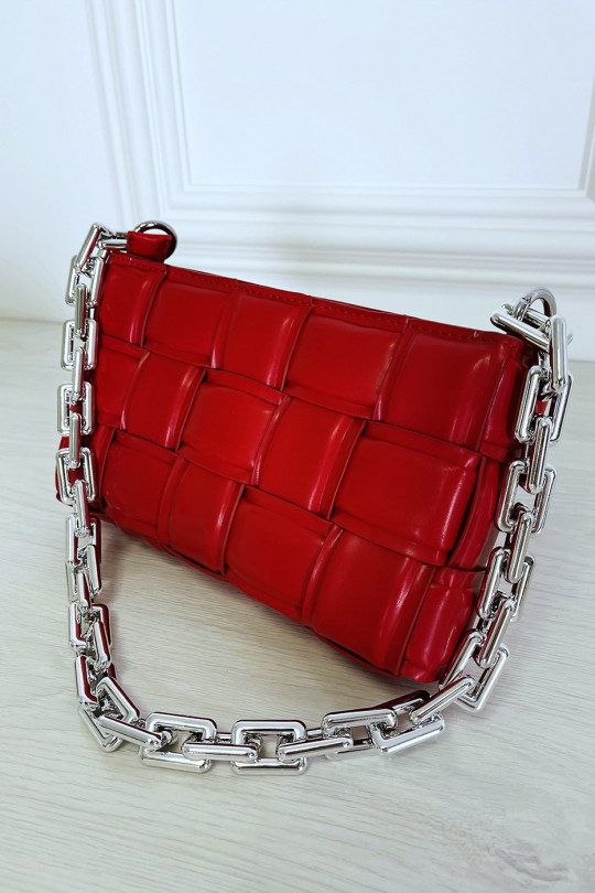 Rode handtas met stijf geruit effect met zilveren ketting - 3