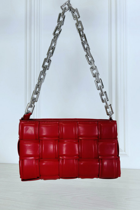 Red rigid checkered effect handbag with silver chain - 4