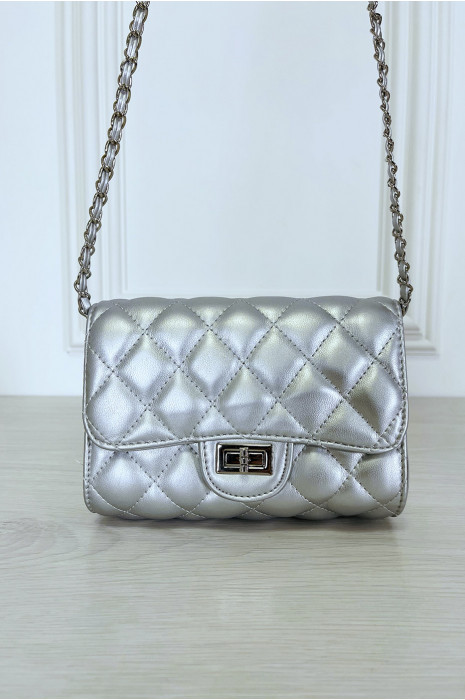 Mini sac à main argenté matelassé à chaîne bandoulière - 1