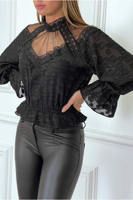 geweld Verstikken Prelude Zwarte kanten blouse met hoge hals en elastische taille en mouwen
