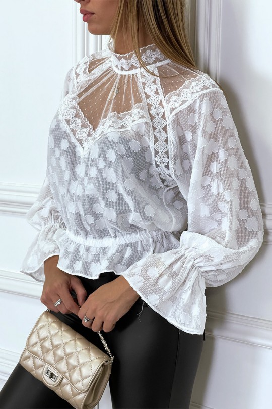 White high neck lace blouse with elastic waist and sleeves - 4