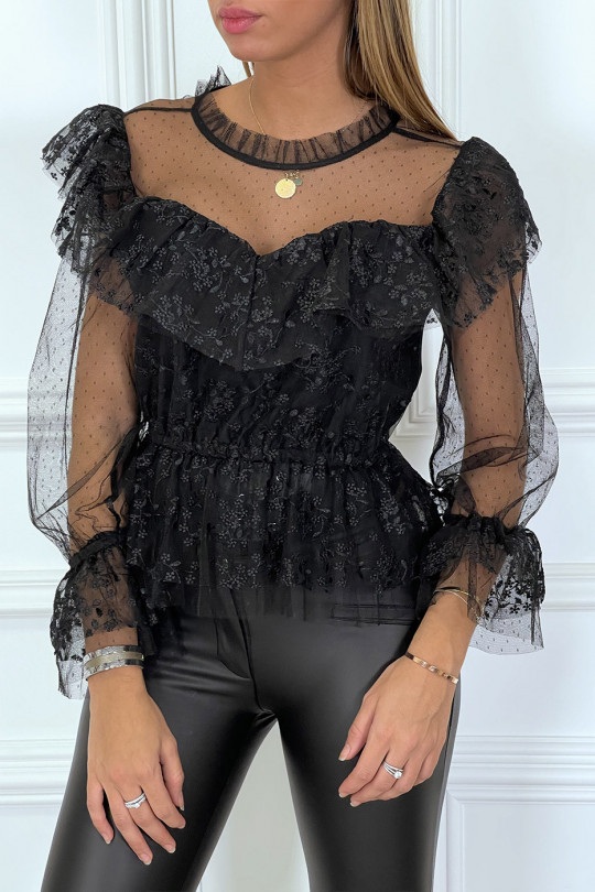 Black lace blouse with ruffles and high collar and plumetis - 1