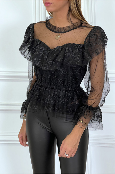 Black lace blouse with ruffles, high collar and plumetis - 3