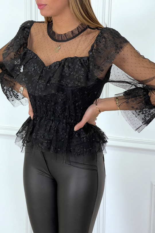 Black lace blouse with ruffles and high collar and plumetis - 4