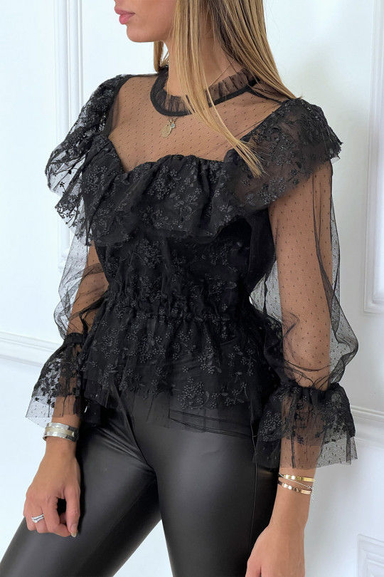 Black lace blouse with ruffles and high collar and plumetis - 5