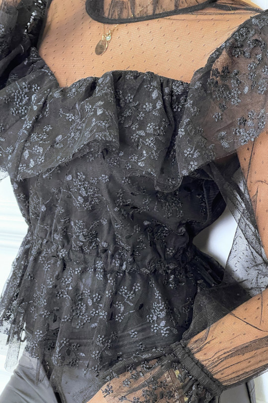 Black lace blouse with ruffles and high collar and plumetis - 7