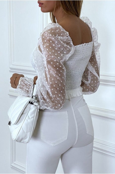 Witte geplooide crop top met elastiek en pofmouwen van plumetis tule - 3