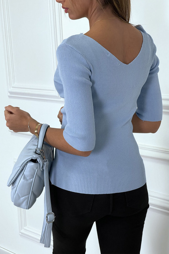 Blue ribbed knit V-neck top. Cheap women's top - 4