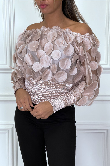 Roze boothals top met elastische tailleband en satijnen patroon - 1