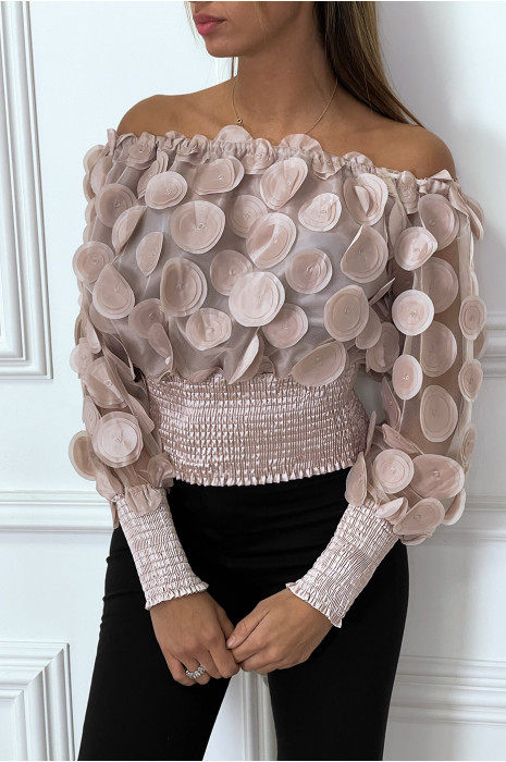 Pink boat neck top with elastic waist and satin pattern - 3