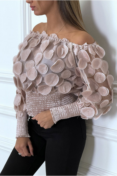 Haut rose col bateau avec taille élastique et motif satiné - 4