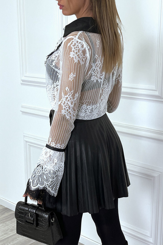 White shirt in white lace with black collar and ruffle - 7