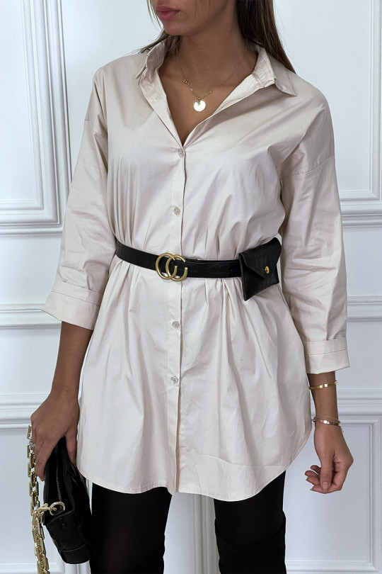 Longue chemise beige oversize avec ceinture et pochette - 2