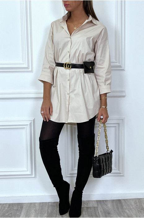 Longue chemise beige oversize avec ceinture et pochette - 3