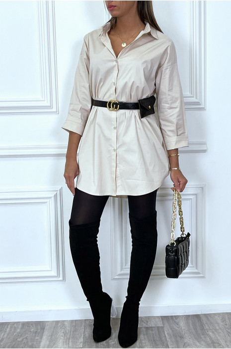 Longue chemise beige oversize avec ceinture et pochette - 4