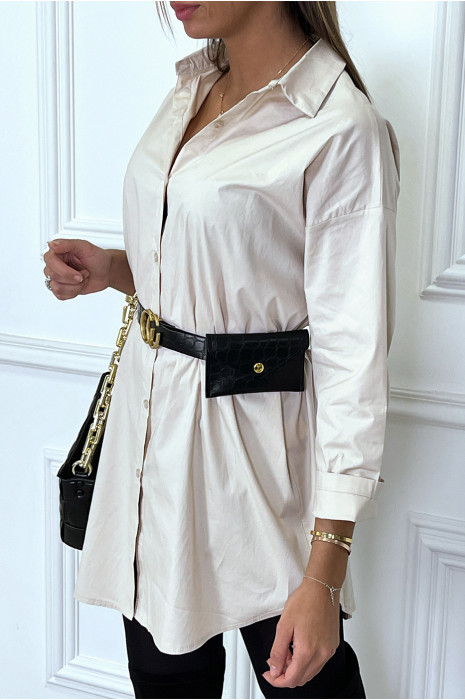 Longue chemise beige oversize avec ceinture et pochette - 7