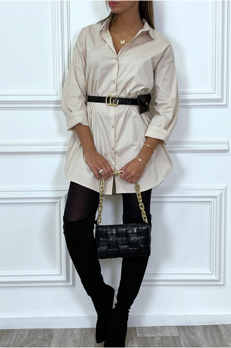 Longue chemise beige oversize avec ceinture et pochette - 9
