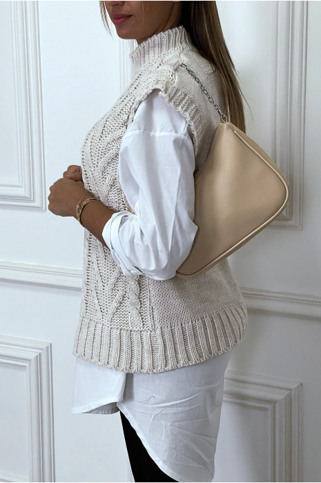 Beige mouwloze trui in groot kabelbreisel en hoge kraag - 3