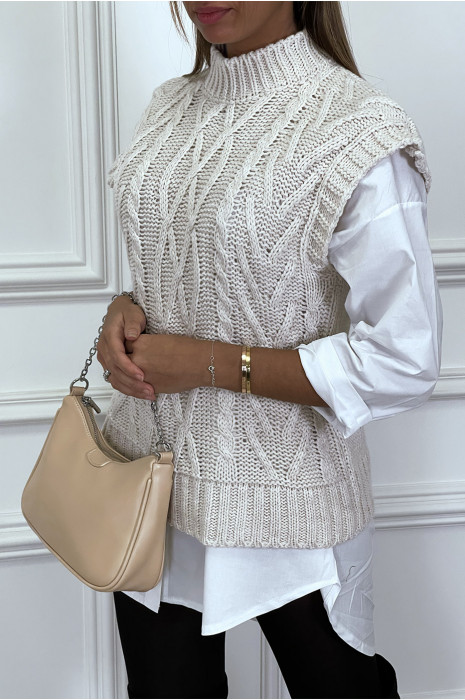 Beige sleeveless sweater in large cable knit and high collar - 4