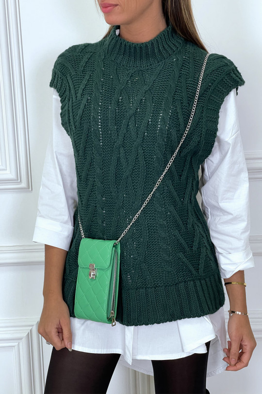 Green sleeveless sweater in large cable knit and high collar - 1