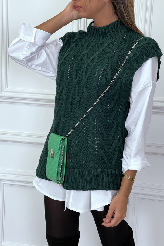 Groene mouwloze sweater in groot kabelbreisel en hoge kraag - 2