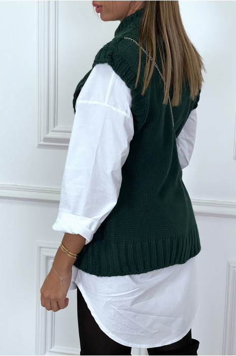 Pull vert sans manche en large maille torsadée et col haut - 3