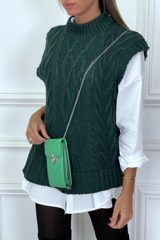 Green sleeveless sweater in large cable knit and high collar - 4