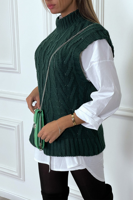 Green sleeveless sweater in large cable knit and high collar - 5