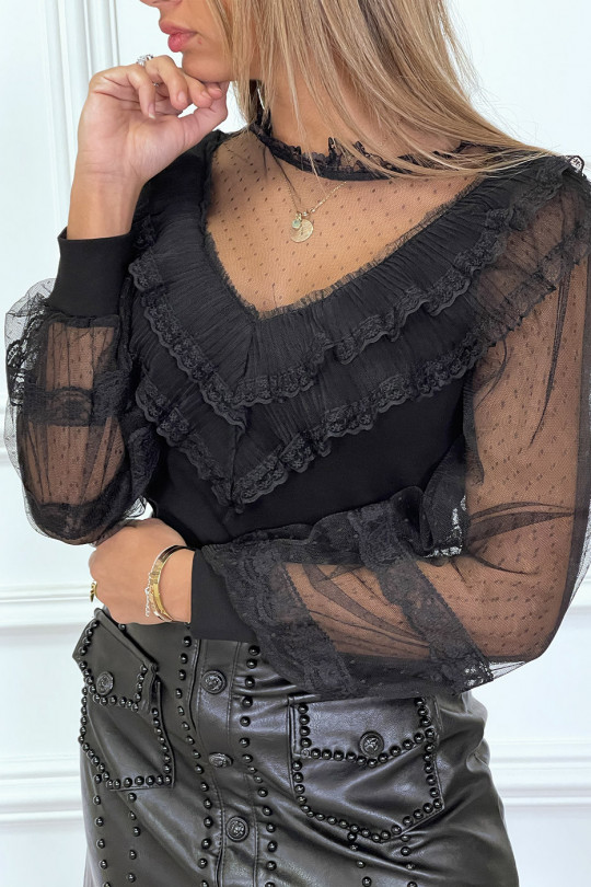 Black top with lace and tulle, ruffled v-neck and transparent sleeves. - 4