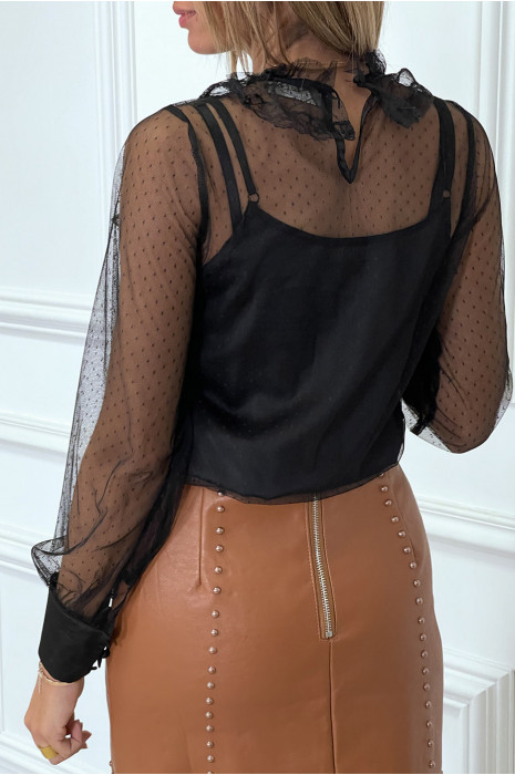 Black bi-material top with superimposed ruffles and ruffled collar - 8