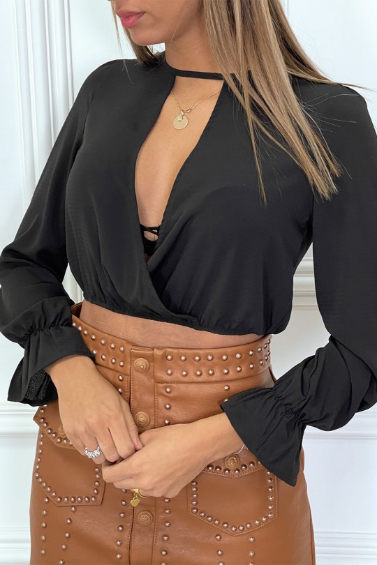 Black sheer crop top blouse with plunging neck opening - 4