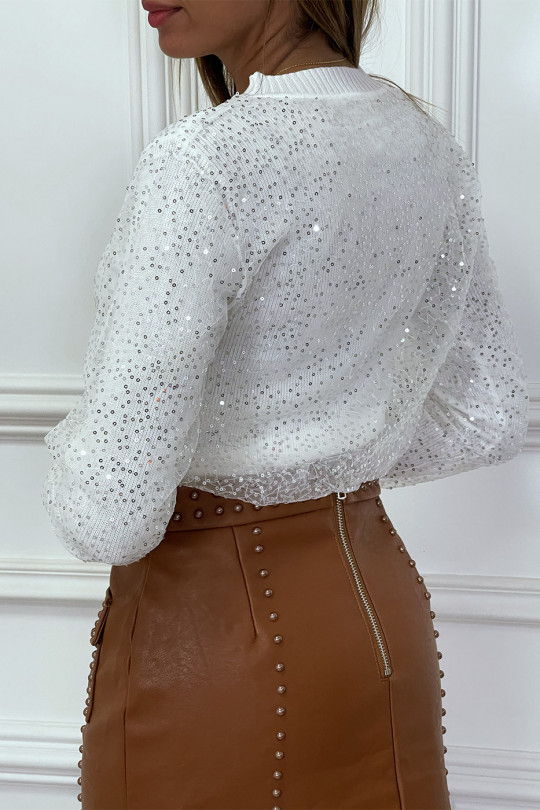 Small ribbed white sweater lined with sequin tulle - 4