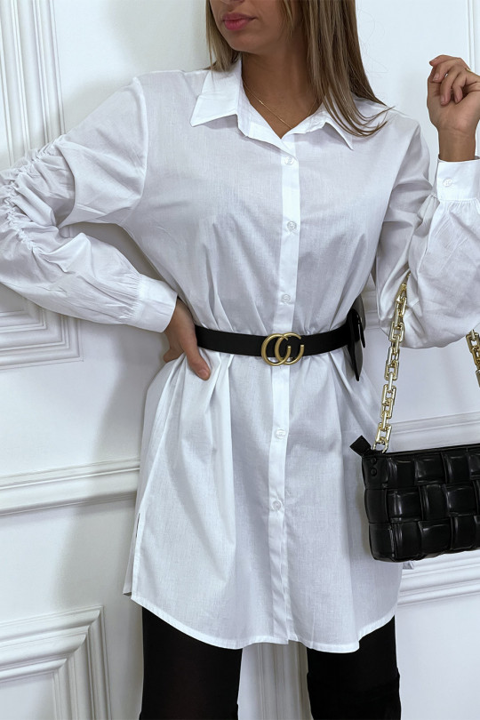 Long white shirt with gathered sleeves and belt with pocket - 5
