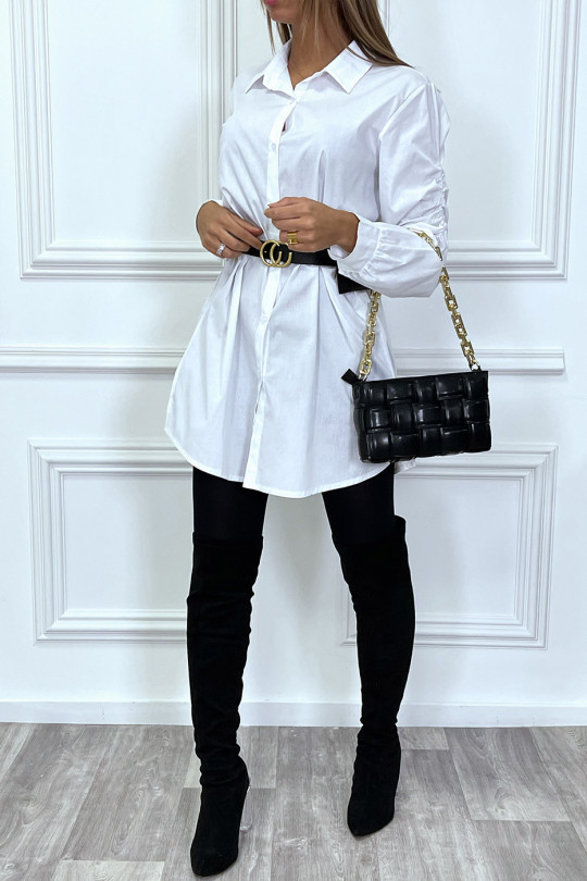 Long white shirt with gathered sleeves and belt with pocket - 6