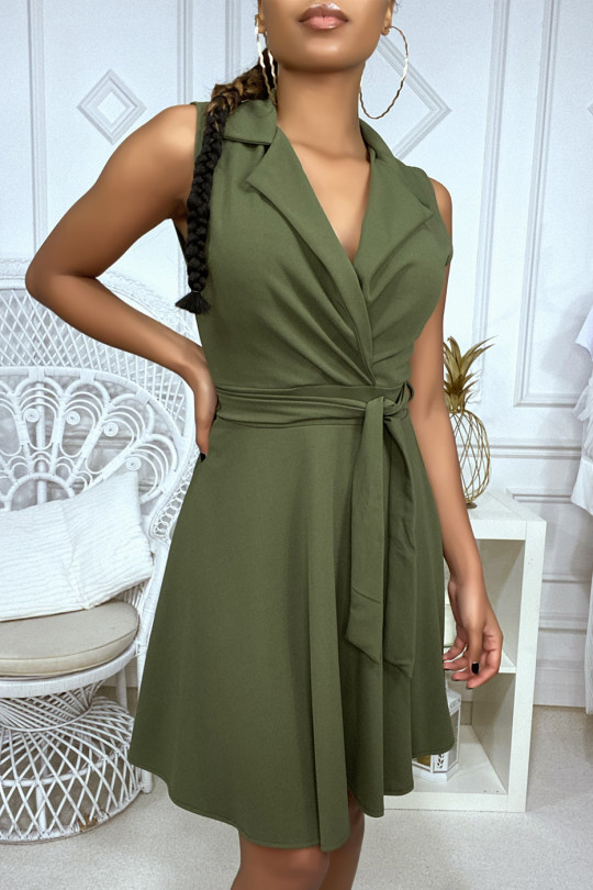 Khaki skater dress crossed at the bust with belt and blazer collar - 4